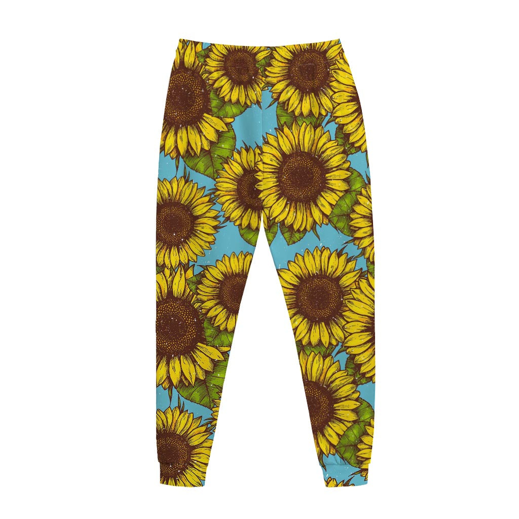 Blue Vintage Sunflower Pattern Print Jogger Pants