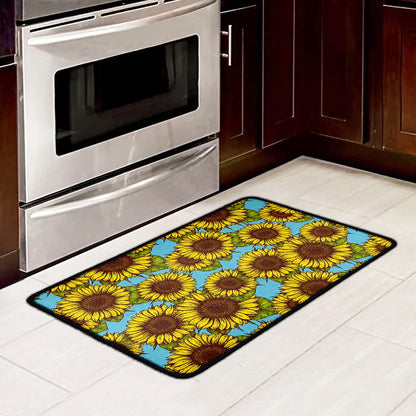 Blue Vintage Sunflower Pattern Print Kitchen Mat