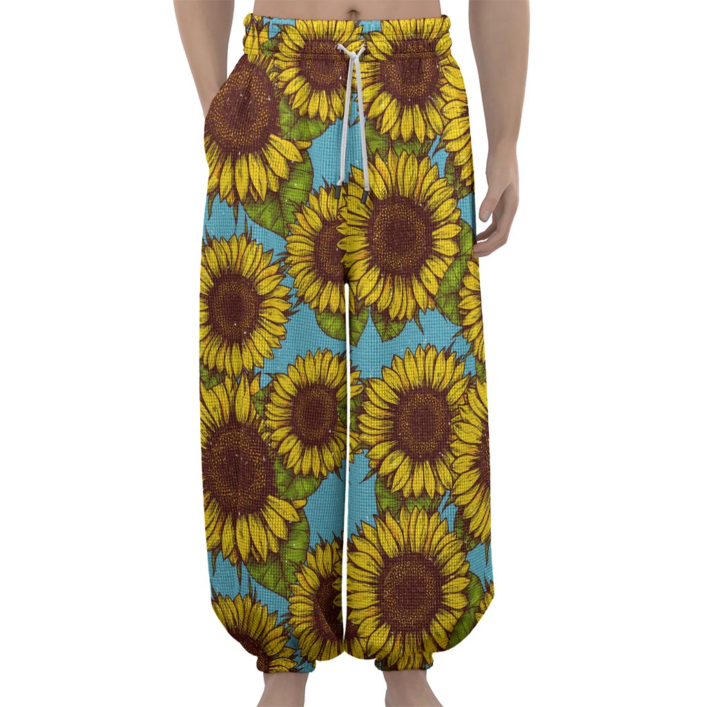 Blue Vintage Sunflower Pattern Print Lantern Pants