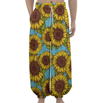 Blue Vintage Sunflower Pattern Print Lantern Pants