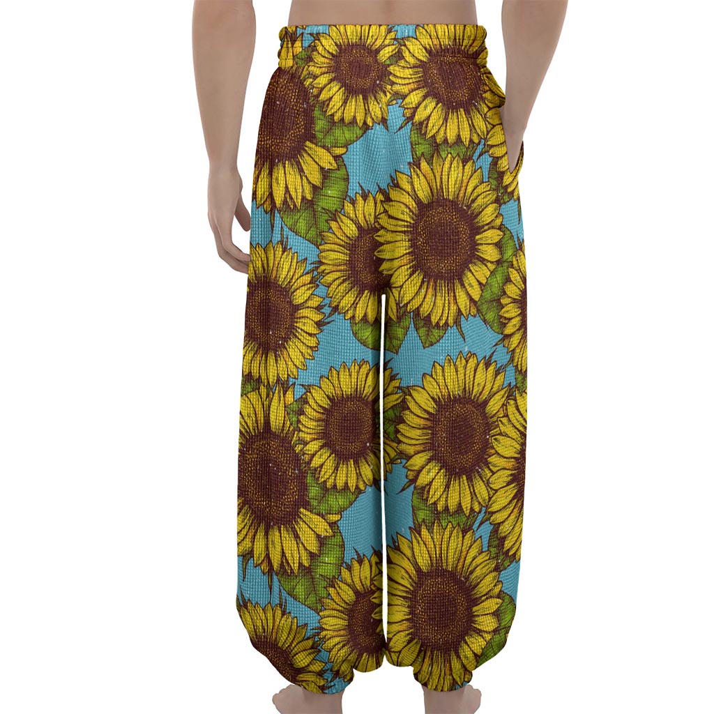 Blue Vintage Sunflower Pattern Print Lantern Pants