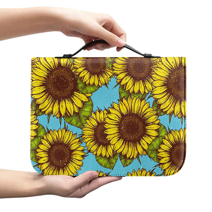 Blue Vintage Sunflower Pattern Print Leather Bible Cover