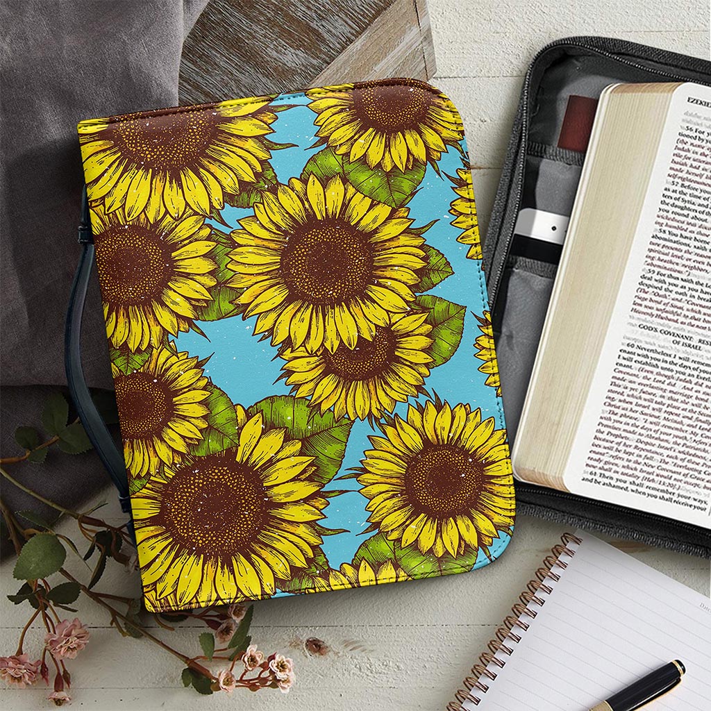 Blue Vintage Sunflower Pattern Print Leather Bible Cover