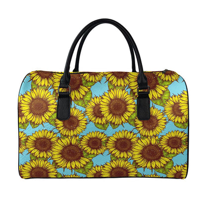 Blue Vintage Sunflower Pattern Print Leather Duffle Bag
