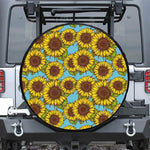 Blue Vintage Sunflower Pattern Print Leather Spare Tire Cover