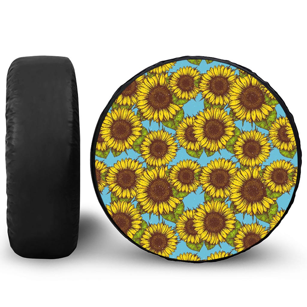 Blue Vintage Sunflower Pattern Print Leather Spare Tire Cover