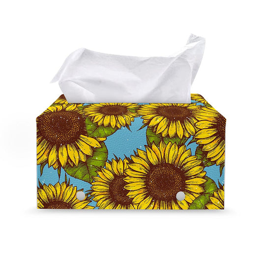 Blue Vintage Sunflower Pattern Print Leather Tissue Box Cover