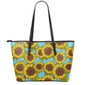 Blue Vintage Sunflower Pattern Print Leather Tote Bag With Zipper