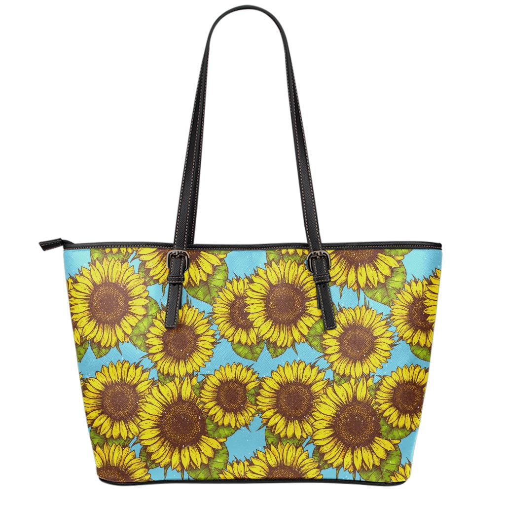 Blue Vintage Sunflower Pattern Print Leather Tote Bag