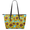 Blue Vintage Sunflower Pattern Print Leather Tote Bag