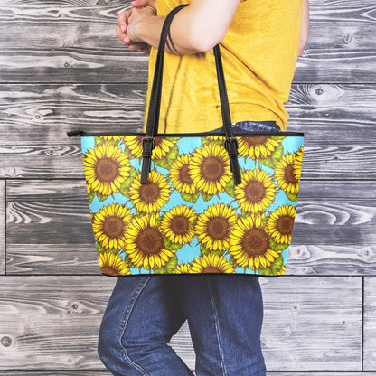 Blue Vintage Sunflower Pattern Print Leather Tote Bag