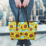 Blue Vintage Sunflower Pattern Print Leather Tote Bag