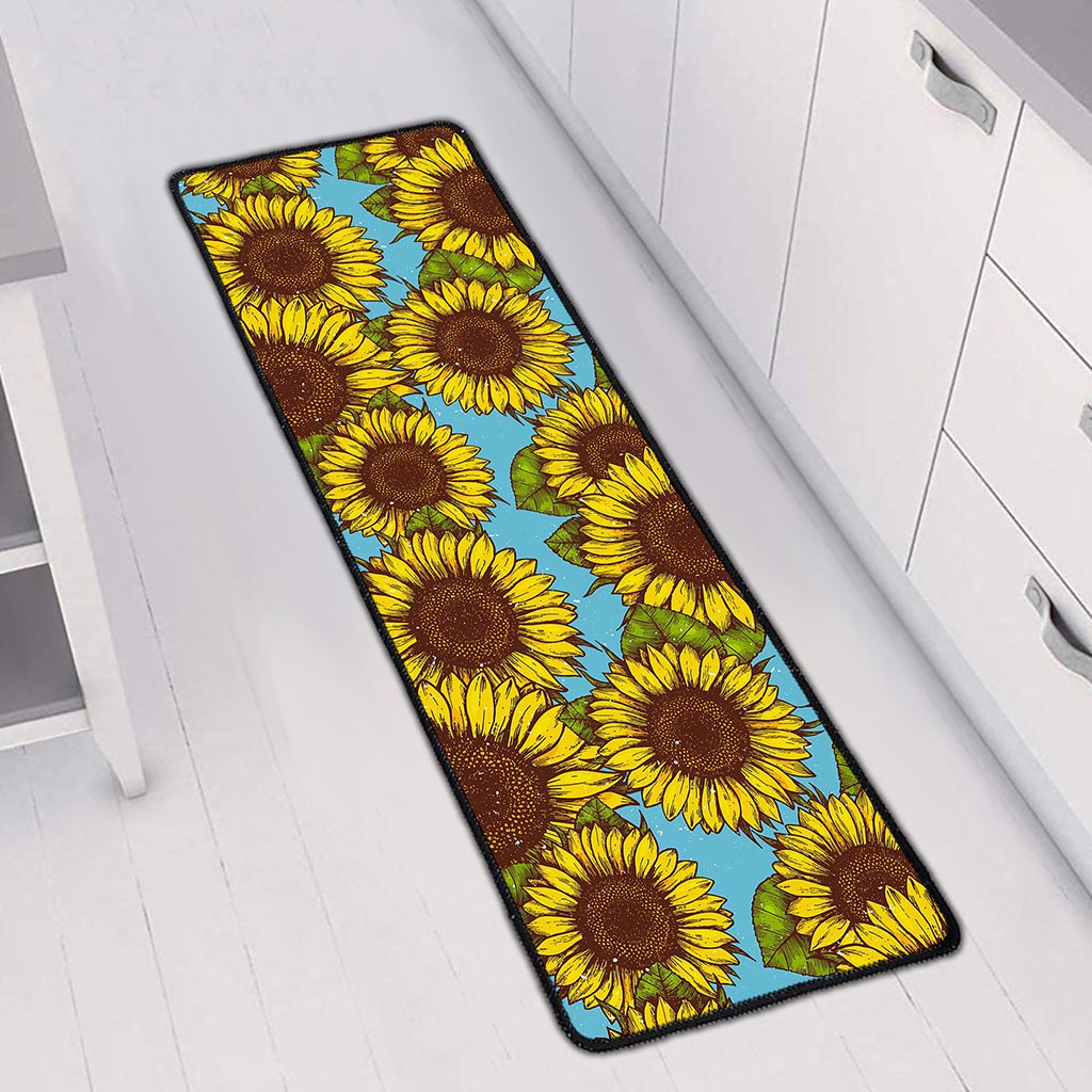 Blue Vintage Sunflower Pattern Print Long Kitchen Mat