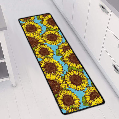 Blue Vintage Sunflower Pattern Print Long Kitchen Mat