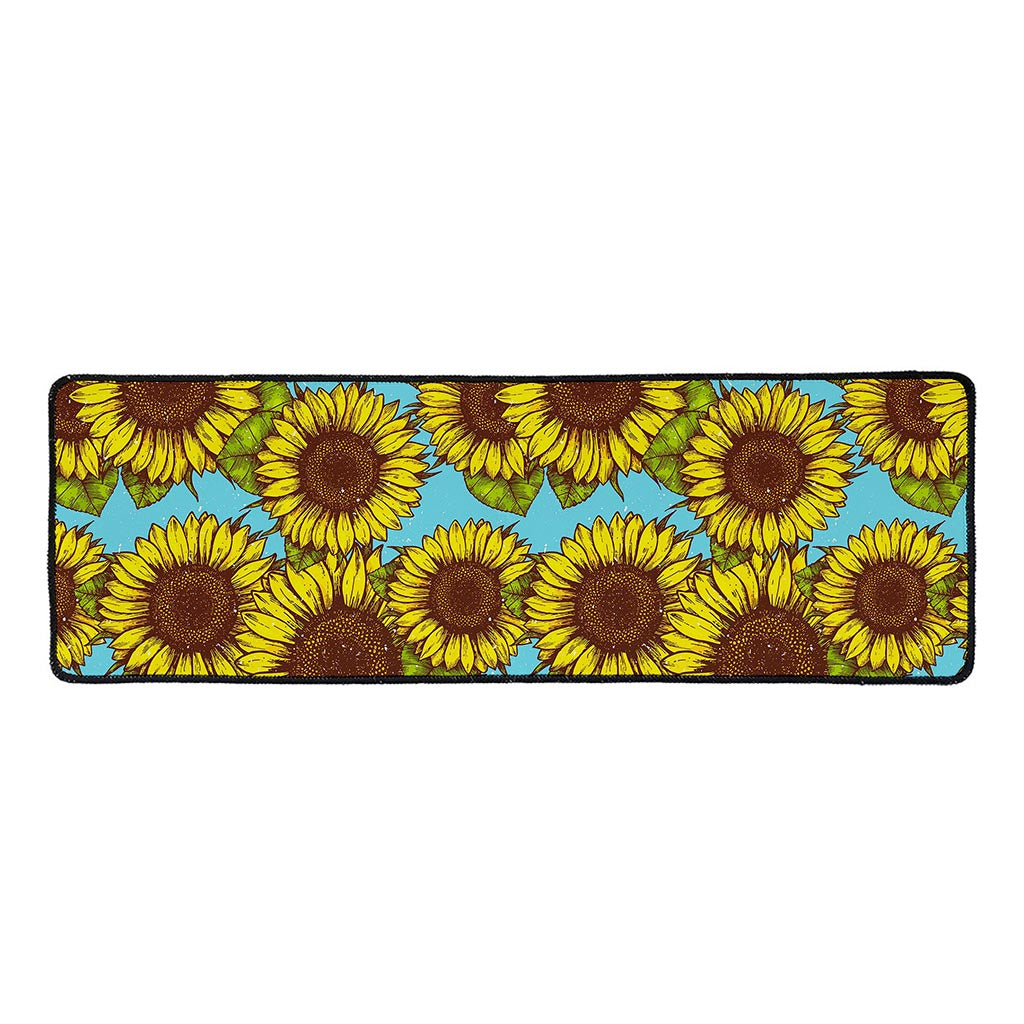 Blue Vintage Sunflower Pattern Print Long Kitchen Mat