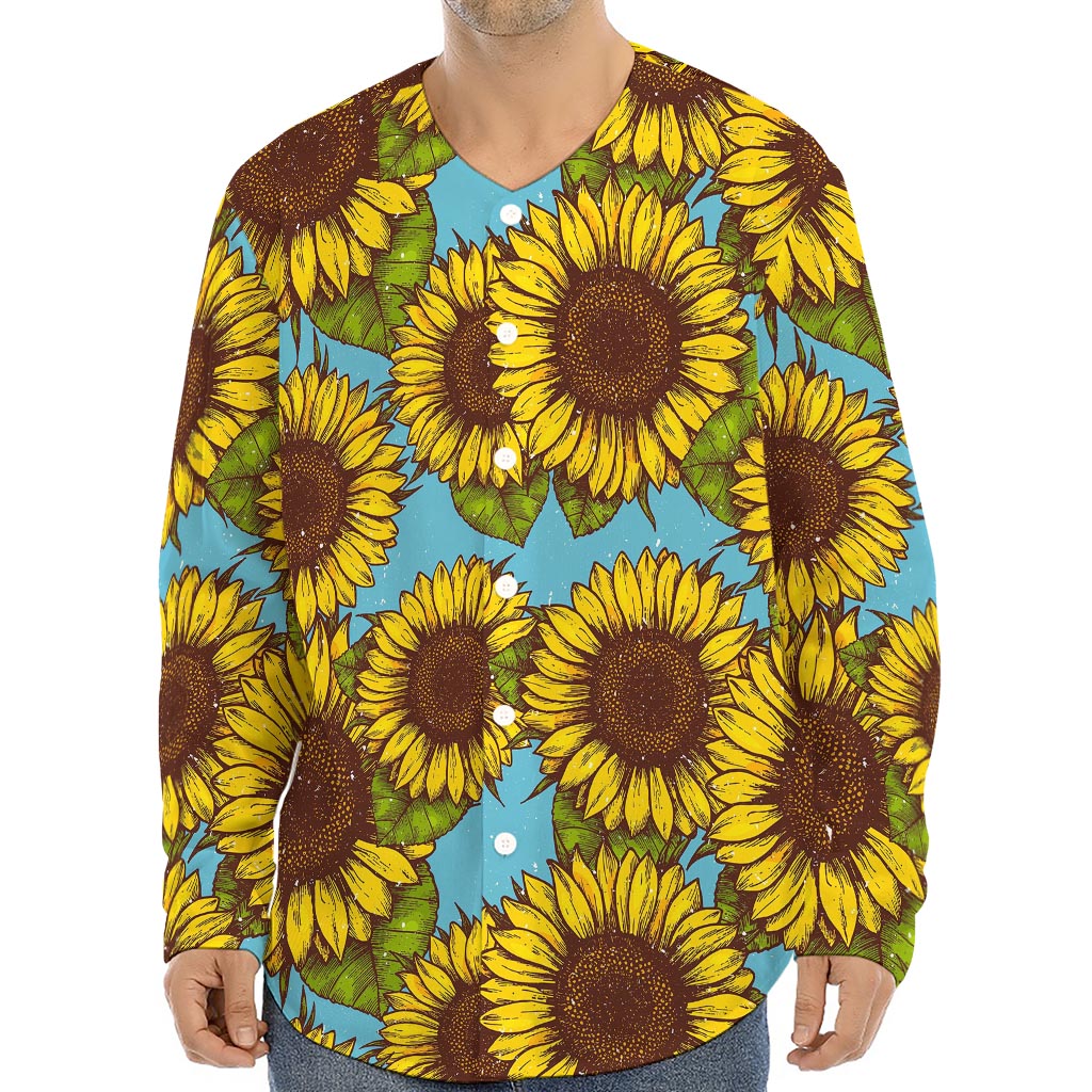 Blue Vintage Sunflower Pattern Print Long Sleeve Baseball Jersey