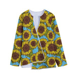 Blue Vintage Sunflower Pattern Print Long Sleeve Short Coat