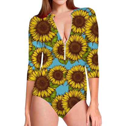 Blue Vintage Sunflower Pattern Print Long Sleeve Swimsuit