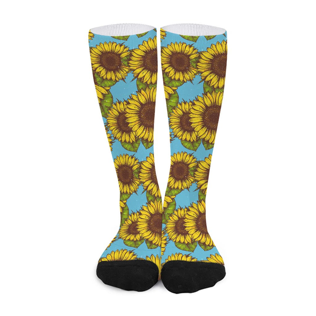 Blue Vintage Sunflower Pattern Print Long Socks