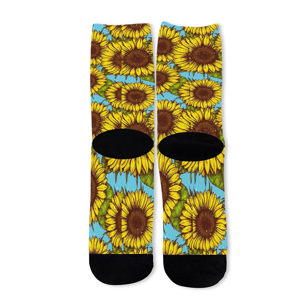 Blue Vintage Sunflower Pattern Print Long Socks