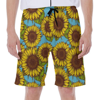 Blue Vintage Sunflower Pattern Print Men's Beach Shorts