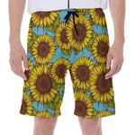 Blue Vintage Sunflower Pattern Print Men's Beach Shorts