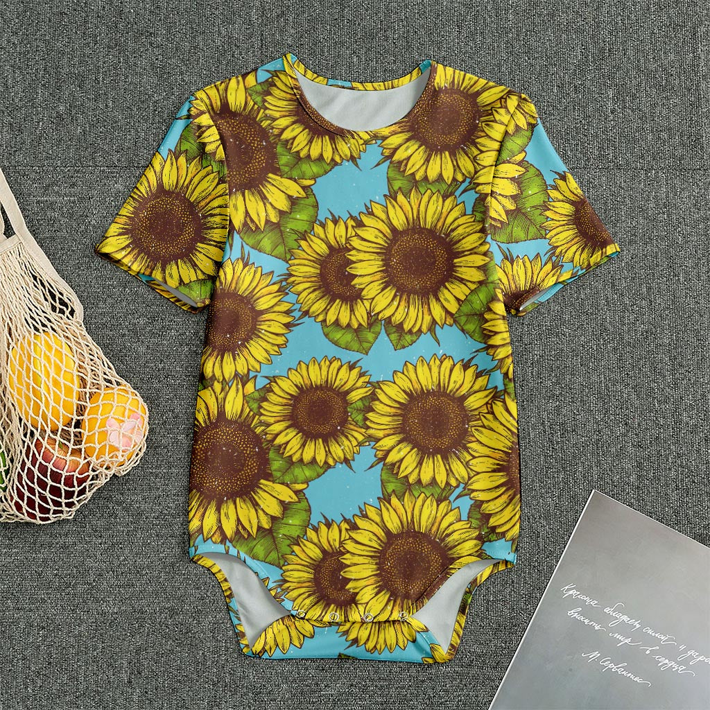 Blue Vintage Sunflower Pattern Print Men's Bodysuit