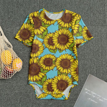 Blue Vintage Sunflower Pattern Print Men's Bodysuit