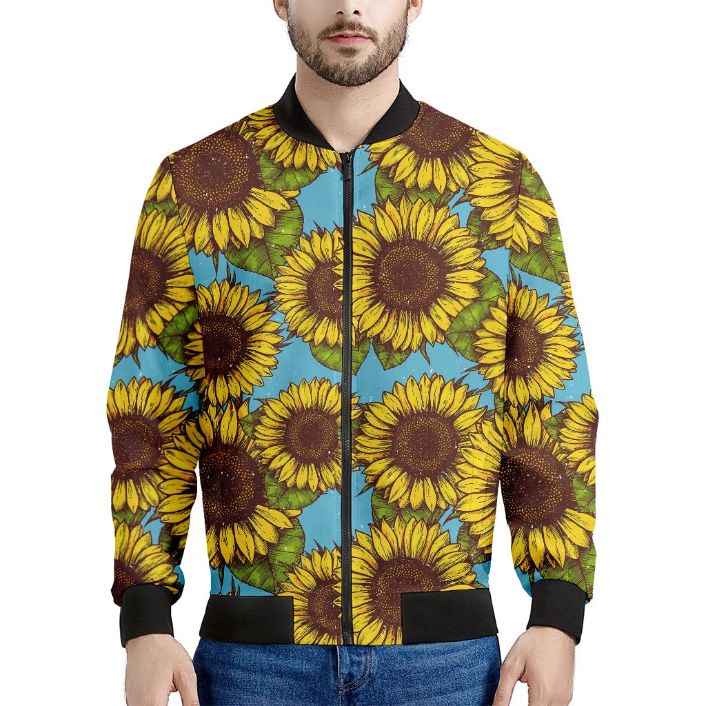 Blue Vintage Sunflower Pattern Print Men's Bomber Jacket