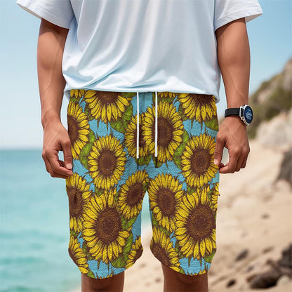 Blue Vintage Sunflower Pattern Print Men's Cargo Shorts