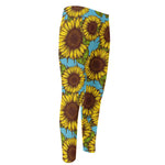 Blue Vintage Sunflower Pattern Print Men's Compression Pants