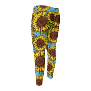 Blue Vintage Sunflower Pattern Print Men's Compression Pants