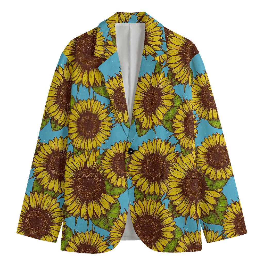 Blue Vintage Sunflower Pattern Print Men's Cotton Blazer