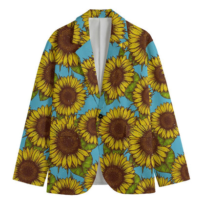 Blue Vintage Sunflower Pattern Print Men's Cotton Blazer
