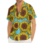 Blue Vintage Sunflower Pattern Print Men's Deep V-Neck Shirt