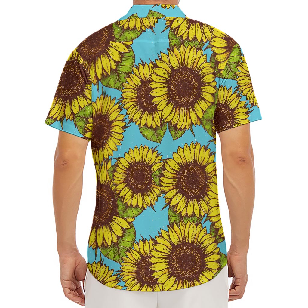 Blue Vintage Sunflower Pattern Print Men's Deep V-Neck Shirt