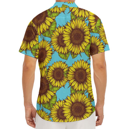 Blue Vintage Sunflower Pattern Print Men's Deep V-Neck Shirt