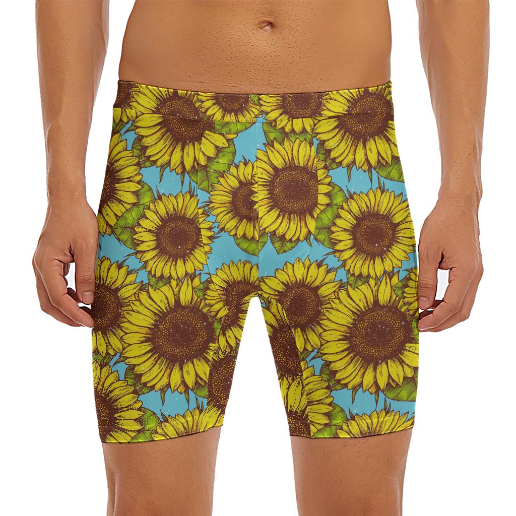 Blue Vintage Sunflower Pattern Print Men's Long Boxer Briefs