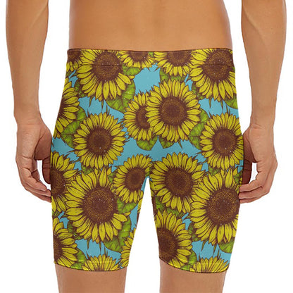 Blue Vintage Sunflower Pattern Print Men's Long Boxer Briefs