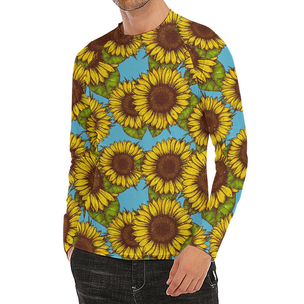 Blue Vintage Sunflower Pattern Print Men's Long Sleeve Rash Guard
