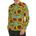 Blue Vintage Sunflower Pattern Print Men's Long Sleeve Rash Guard