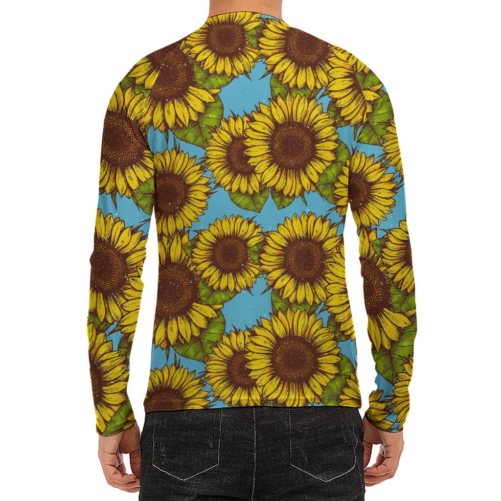 Blue Vintage Sunflower Pattern Print Men's Long Sleeve Rash Guard