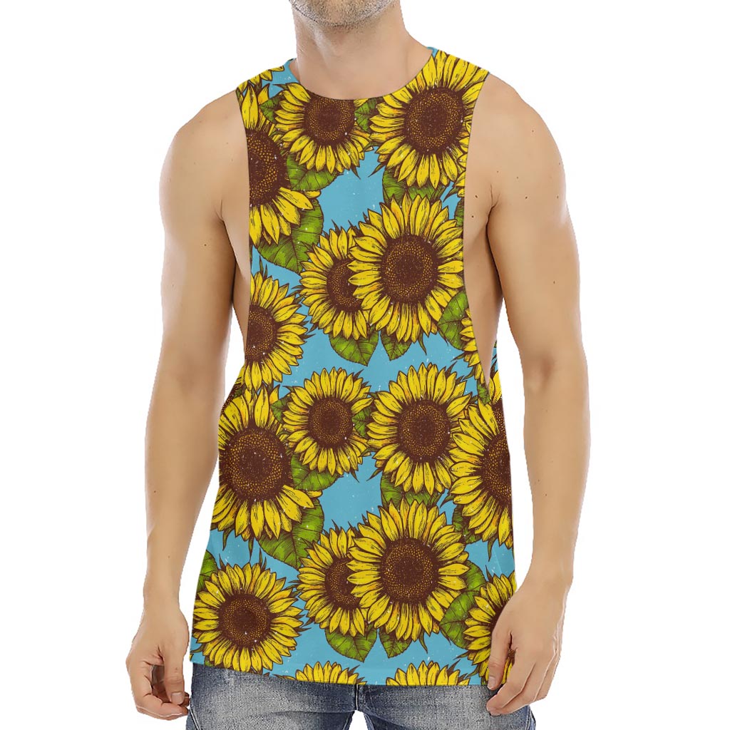 Blue Vintage Sunflower Pattern Print Men's Muscle Tank Top