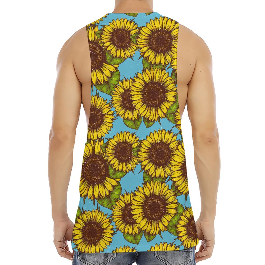 Blue Vintage Sunflower Pattern Print Men's Muscle Tank Top