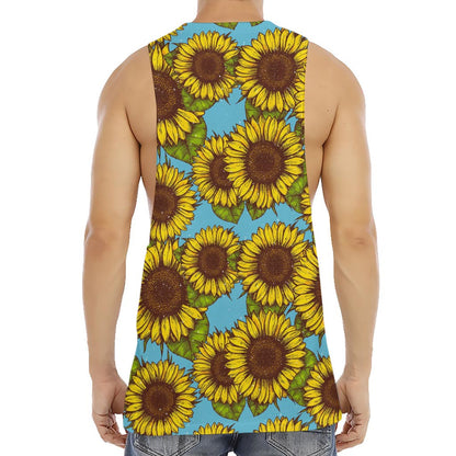 Blue Vintage Sunflower Pattern Print Men's Muscle Tank Top