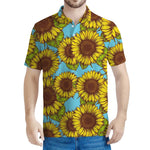 Blue Vintage Sunflower Pattern Print Men's Polo Shirt