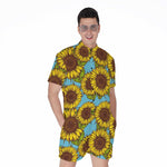 Blue Vintage Sunflower Pattern Print Men's Rompers