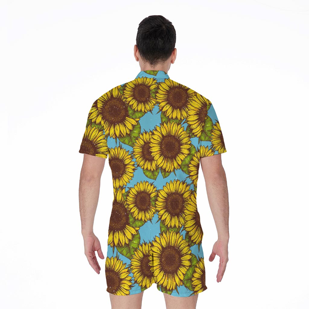 Blue Vintage Sunflower Pattern Print Men's Rompers