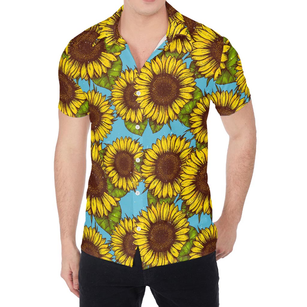 Blue Vintage Sunflower Pattern Print Men's Shirt