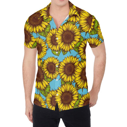 Blue Vintage Sunflower Pattern Print Men's Shirt